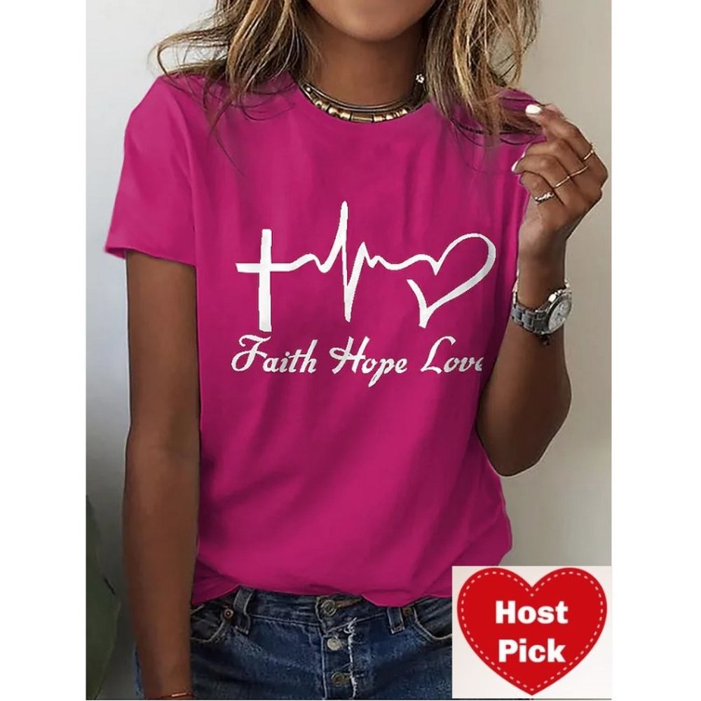 Faith Love Hope Heart Womens Motivational T-Shirt Graphic T-Shirt Pink Top